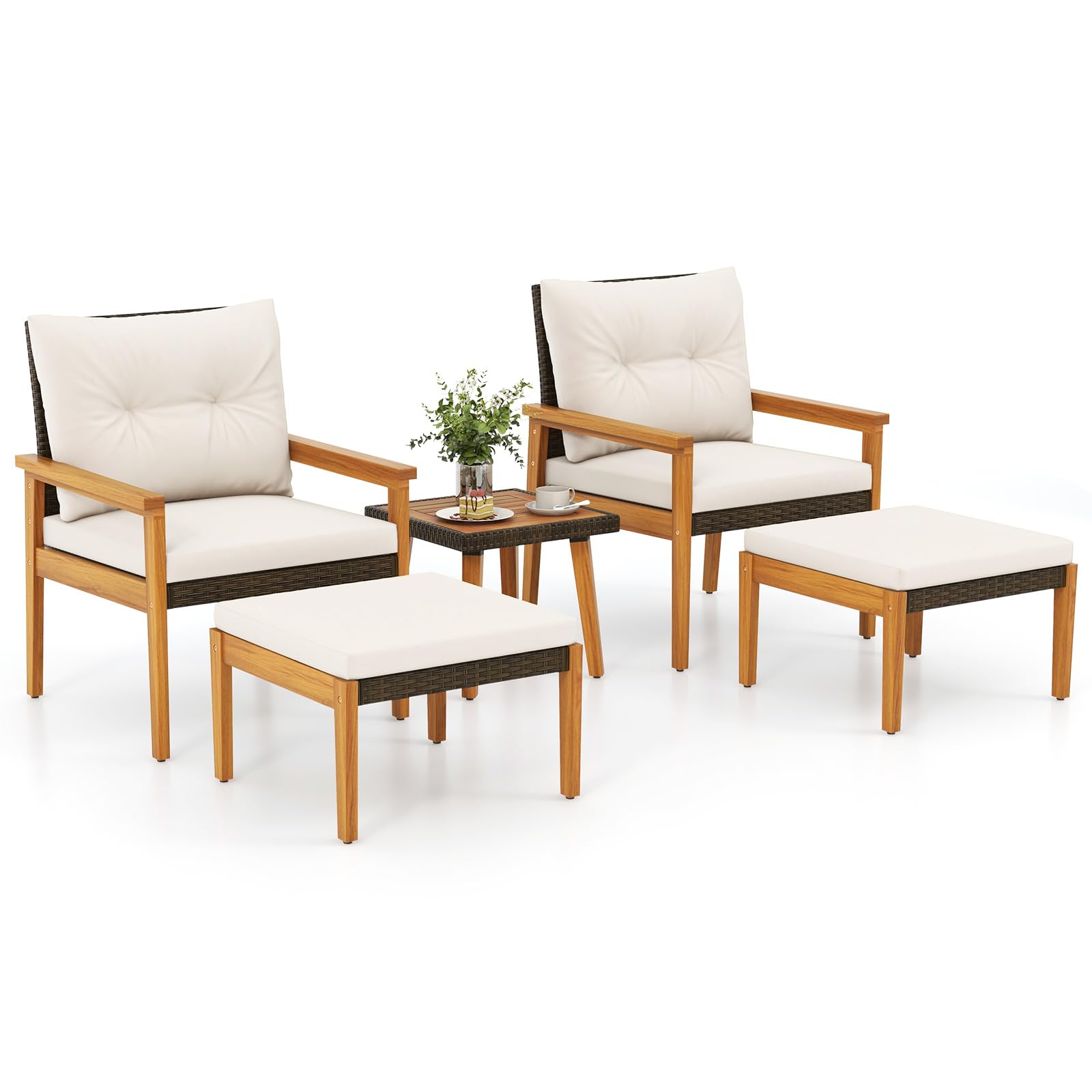 Ensemble de meubles de jardin en rotin Tangkula 5 pièces, chaises et poufs à cadre en bois avec table basse carrée